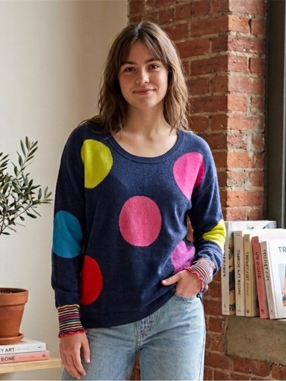 Zaket & Plover Navy Cashmere Dot Rainbow Sweater Sz S Colorful Knit
